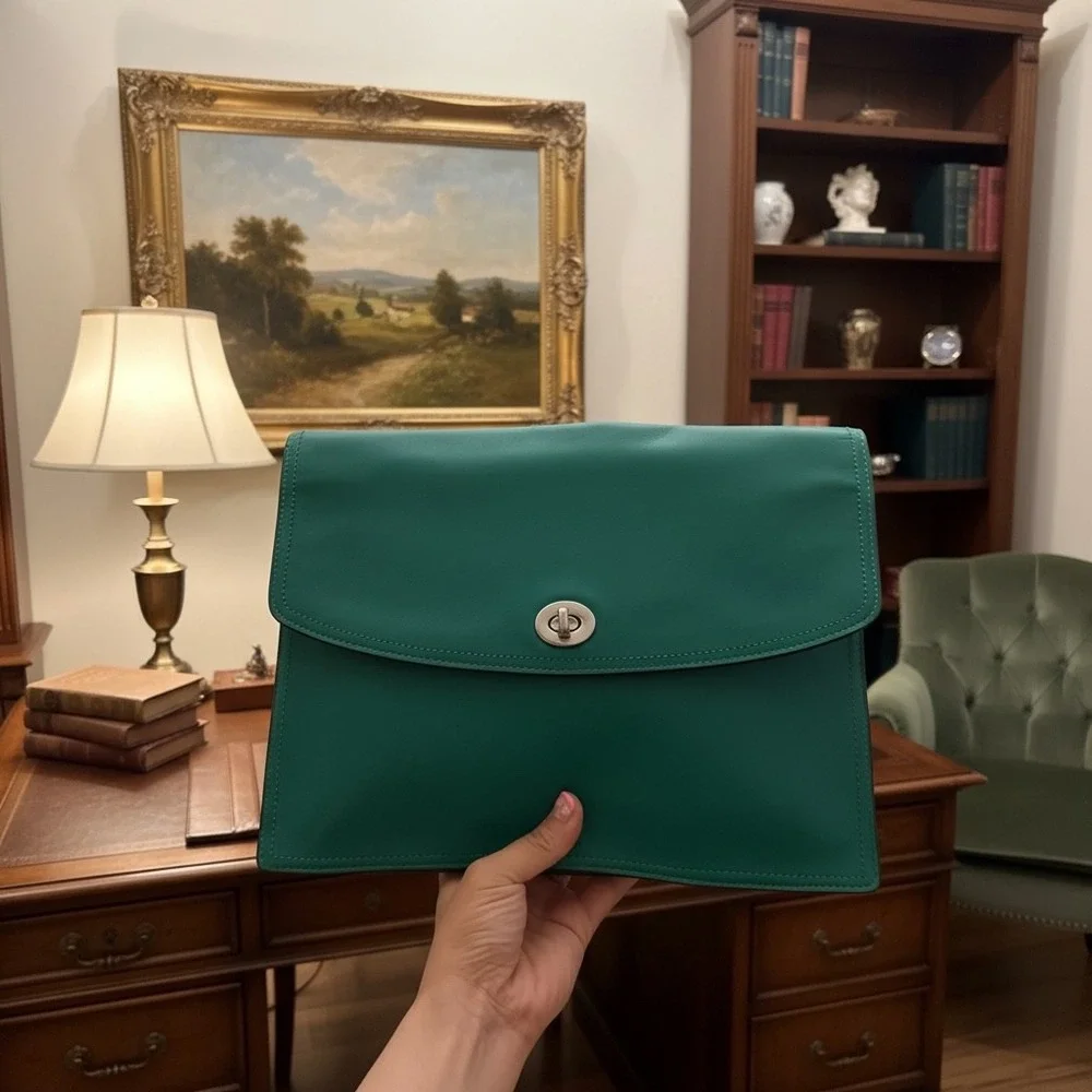 Coach Clutch Bag Womens Large Teal Green Leather Turnlock Envelope Chic Designer